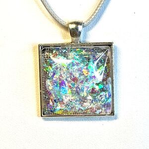 Handmade Resin Pendant Necklace White Iridescent Square Waxed Cord 20" NWT